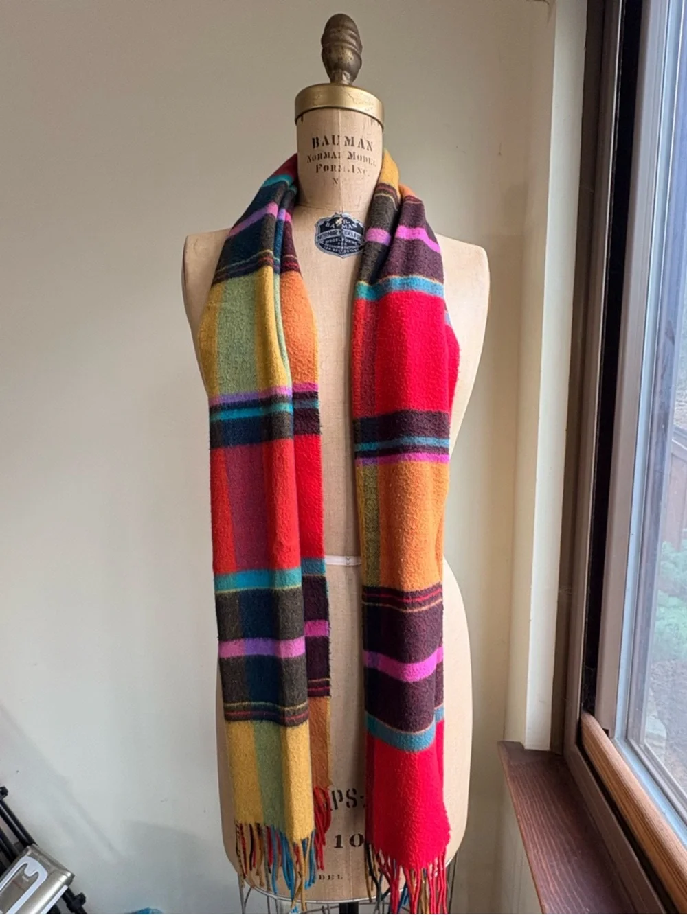 Bright Plaid Fringe Scarf Multicolor Tartan 15”x64”
